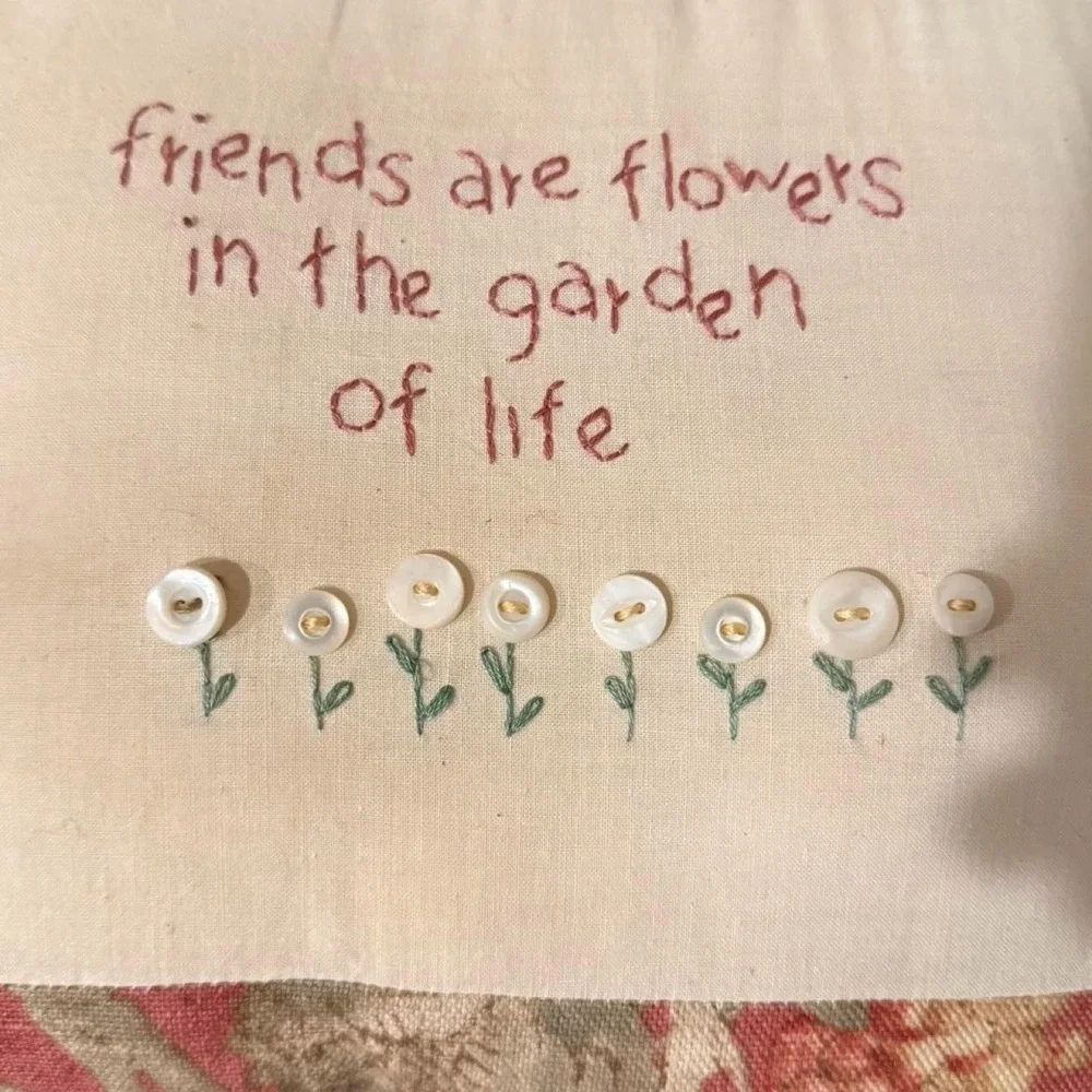 Vintage embroidered button pillow with quote accent pillow grannycore cottage